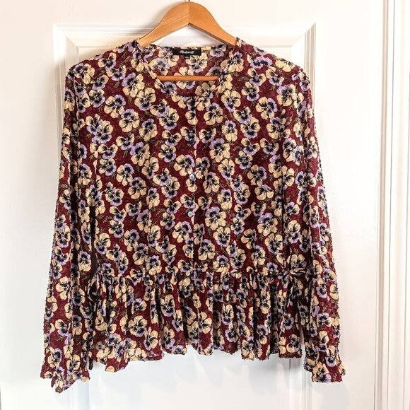 Madewell Viola Floral Pansy Drawstring Ruffled Peplum Top - Picture 1 of 5